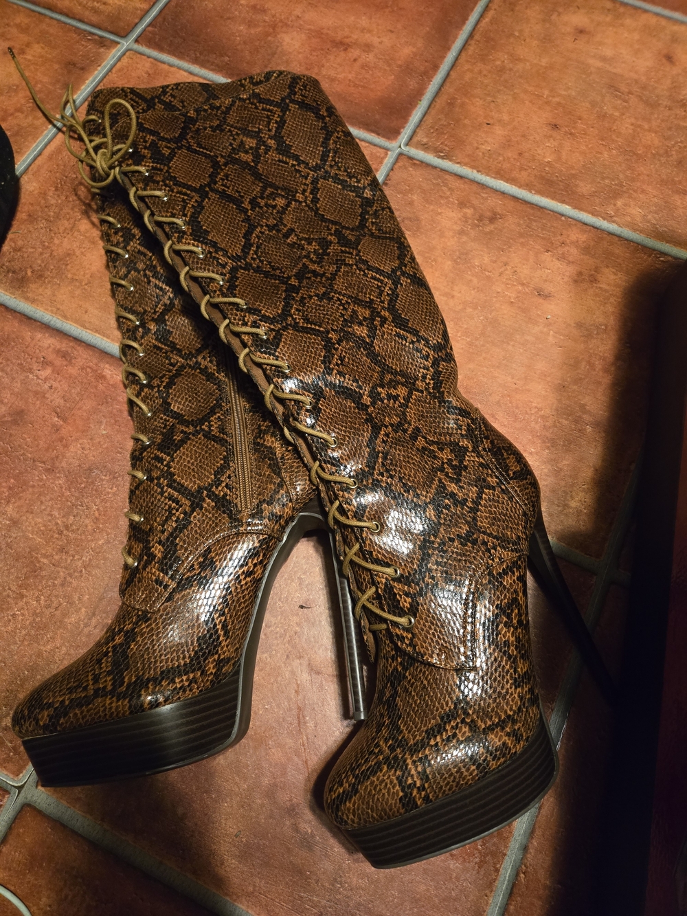 Brown Snake-Print Lace-Up Platform Boots